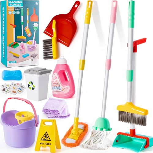 Toyssa Set Limpieza Juguete con Escoba Juguete, Trapeador Ajustable, Cubo, Basura, Señal de Advertencia, Juguetes Juego de Imitación Juguetes Regalo para Niños Niñas 2 3 4 5 6 Años