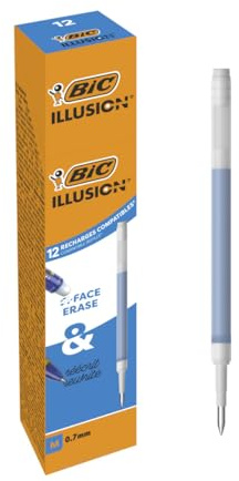 BIC Illusion Recharges Stylo Effaçable avec Encre Thermosensible et Gomme - Bleu, Boîte de 12