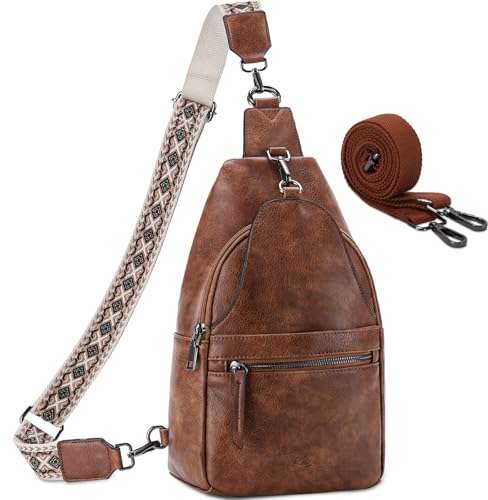 Kasgo Damen Sling Bag PU Leder Brusttasche Crossbody Bag Kleine Schultertasche Gürteltasche für Wandern Arbeit Sport Reise Braun