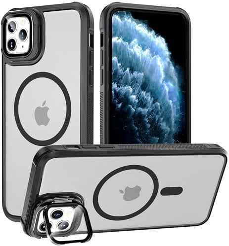 YmhxcY for iPhone 11 Pro Max Case,with Lens Stand, Compatible with MagSafe, Soft border,Matte semi transparent hard back, Military-Grade Protective Phone Case,for iPhone 11 Pro Max case 6.5''-Black
