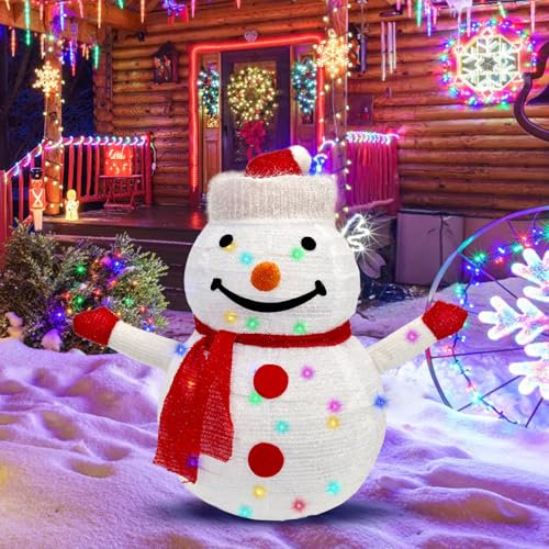 Yuragim Mini LED Schneemann Außen Weihnachtsdeko,60x40cm Batteriebetrieben Weihnachten deko Figur Schneemann Faltbar Farbige LED Groß Weihnachtsbeleuchtung Snowman für Innen und Außen Winterdekoration
