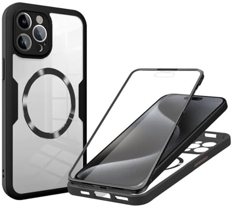 Magnetic Case for iPhone 12 Pro Case with Built-in Screen Protector Compatible with MagSafe Full-Body Shockproof Protective Bumper Slim Anti-Scratch Cover for iPhone 12 Pro Phone Case, Black