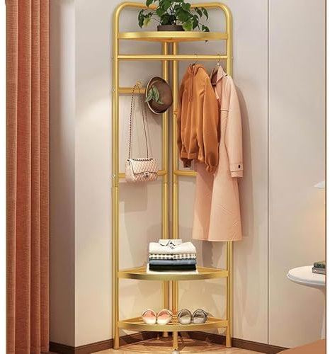 SAYEYBU Portemanteau d'angle, Portemanteau en MéTal, Porte-Manteau sur Pied, avec Espace De Rangement à 3 Niveaux Et Crochets, Porte-Manteau De Chambre,d'or
