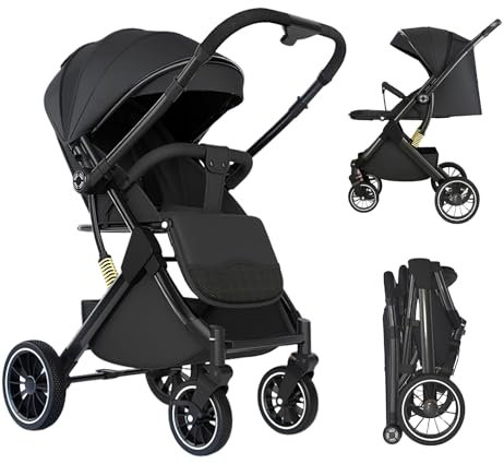Kinderwagen, leicht und kompakt, 3 Neigungspositionen, 0 bis 4 Jahre (max. 25 kg), Liegeposition, einhändig, 4 Räder mit Stoßdämpfern, mit einem großen Korb (schwarz)
