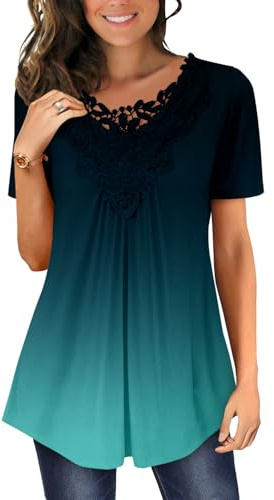 Magritta Tunic Tops Ladies Summer Blouses Short Sleeve Lace Crew Neck Work T-Shirt Fashion Elegant Loose Swing Tops for Leggings Blue Gradual Medium