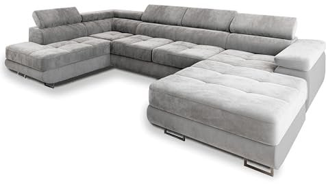 Masseno Ecksofa CASONE L-S mit Schlaffunktion U-Form, Sofa mit Bettkasten, Wohnzimmersofa, Couch, Soffa, Bettsofa, Couchgarnitur- Hellgrau, Monolith 84