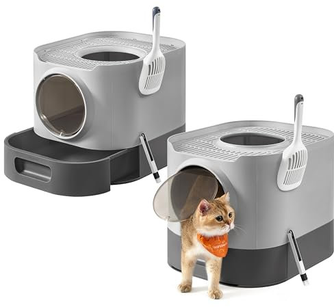 Feandrea Katzenklo 2er Set, Katzentoilette XXL, mit Deckel, ausziehbares Tablett, Schaufel, Bürste, für Katzen verschiedener Größen, weniger Spuren, Taubengrau-schiefergrau PPT002B10