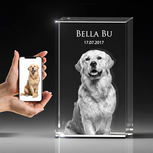 Gedenk Kristall 3D Foto Glasblock – Personalisiertes Haustier-Gedenkglas mit Wunschtext. Hochwertige Lasergravur für Hund, Katze & Pferd. Erinnerungsstück aus Kristallglas.