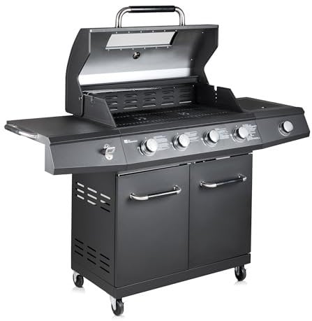 Fire Mountain Everest Pro 5 Burner Premium Gas BBQ, Outdoor Barbecue Grill, 4 Main + 1 Side Burner, Lid with Glass Window and Built-in Thermometer, Family Sized Cooking Area for Large BBQ