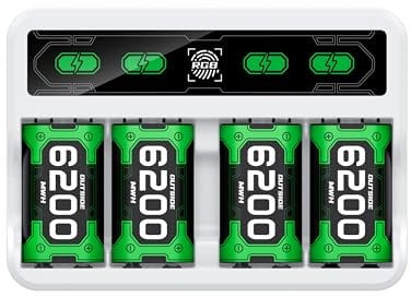 DXKK Xbox One Battery & Charger Sets – 4X 6200mWh Rechargeable Battery Pack with Touch Control LED Light for Xbox One/Series X|S Controllers, White