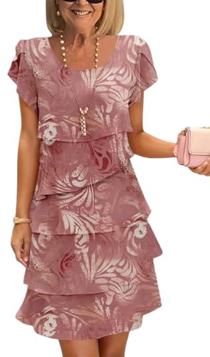 Onsoyours Femmes Été Robe en Mousseline Col Rond Élégante Robes De Soirée Fleurs Impression À Manches Courtes Volants Léger Et Respirant Mini Dress Décontracté Cocktail