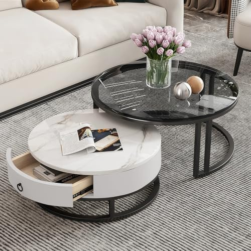 Coffee Table with Storage,Round Nest of Tables, Multi-functional Side Table with Tempered Glass and Marble Board Top, Nesting Tables for Living Room Bedroom Office,Round White