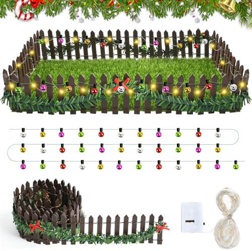 Wichtel Zaun, Wichtel Zubehör Weihnachten, Mini Lichterkette Wichtels, Miniatur Zaun Gartenzaun Holz, Puppenhaus Zubehör mit 100 cm Deko Lichterkettes und 200 cm Wichtels Lichterkette LED (E）