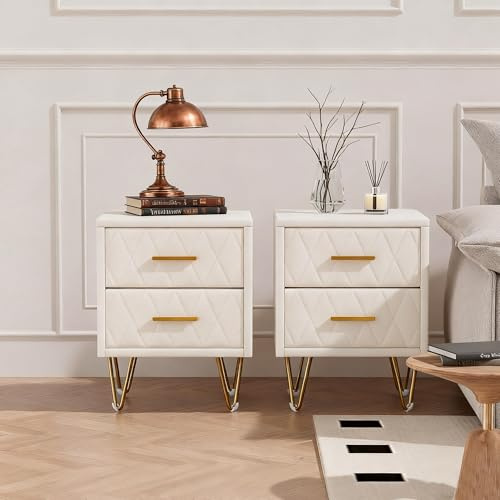 Yeutre Table de Chevet Lot de 2, Table De Nuit Blance Bois avec 2 Tiroirs, Pieds et Poignées en Métal Dorés Tables De Chevet pour Chambre à Coucher Et Salon, Moderne,PU, 41x35x51 cm