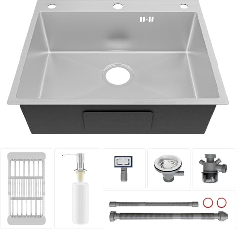 CECIPA 60x49 cm Lavello Cucina 1 Vasca in Acciaio Inox, Lavandino Cucina con Dispenser Sapone e Cestello, Lavelli per Mobile da 60cm, Lavandini da Incasso o Banco con Sifone e Scarico