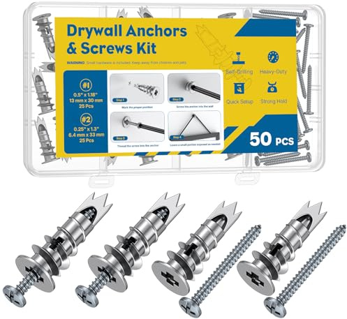 Uniclife 50 Pcs Anclajes Auto-perforantes para Drywall Anclajes Pared de Alta Resistencia Kit de Anclaje Metálicos Tornillos Drywall Anclaje Aleación Zinc con Tornillos 6 x 33 mm Kit Colgar Cuadros
