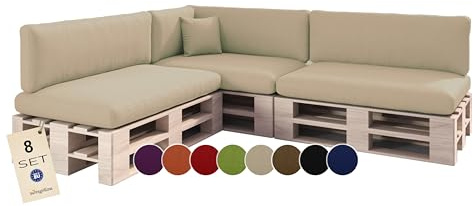 Palettenkissen für Palettenmöbel - 8er Set - Palettenauflage für Palettensofa für Haus Garten - Palettenpolster mit abnehmbarem Bezug für Europaletten - Rückenkissen & Sitzkissen Cremefarben