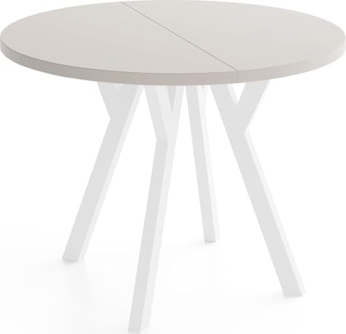 WFL GROUP Runder Ausziehbarer Esstisch im Loft-Stil – Verlängerbarer Tisch mit Weißen Holzbeinen – Platzsparender Esstisch für Wohnzimmer – Kaschmir – 90 bis 190 cm
