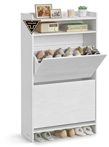 SONGMICS HOME Schuhschrank 2 Klappen, Snapsemble – superschnelle Montage, Schuhkipper schmal, Schuhaufbewahrung, Trennwand verstellbar, modern, für Flur, Eingangsbereich, schneeweiß