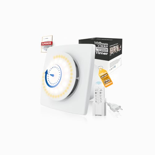 Ventilateur Extracteur d'air 100mm Timer, 3000tr/min 220m³/h, VMC 2 Sens 6 Vitesses avec LED Éclairage+Télécommande, Débit D'Air Puissant 2W Moteur DC Facile Installer Salle de Bain Lavoir Garage