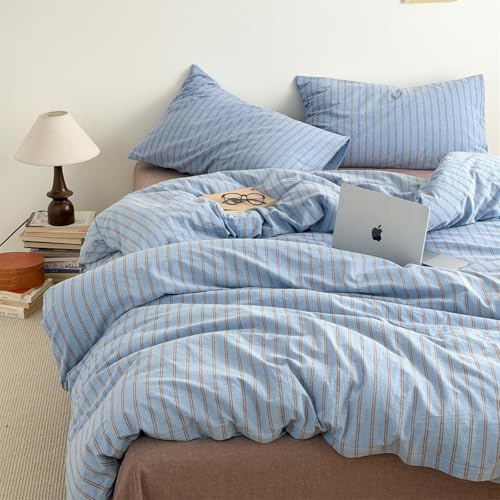 Freyamy Gestreifte Bettwäsche 200x220 Blau Braun Gestreift Bettwäsche Set | Aesthetic Wendebettwäsche Streifen, 3teilig, Microfaser ÖKO-TEX Bettbezug mit Reißverschluss und 2 Kissenbezug 80x80cm