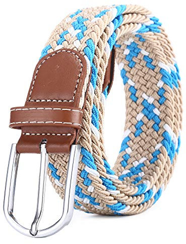 BOZEVON elastischer gewebter Gürtel - Mehrfarbiger elastischer geflochtener Stretchgewebe-Gürtel für Herren Damen Blau und Weiß und Khaki