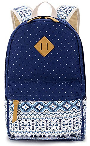 Lisirs Canvas Rucksack Damen Stabil Wasserdicht Schulranzen Mädchen Vintage Tolle Farbkombi Muster Schöner Praktischer Schulrucksack mit Laptopfach für Junge Teenager Freizeit und Schule Punkt Blau