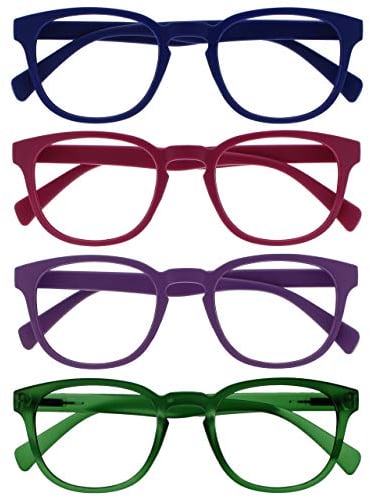 OPULIZE Pop Lesebrille 4er Pack Keck Rund Matt Rahmen Federscharniere Kratzfest Blau Rosa Lila Grün Herren Damen RRRR2-3456 +1.50