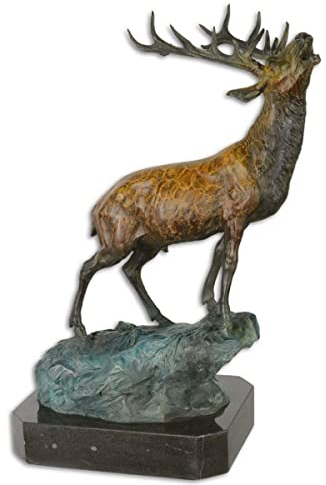 Casa Padrino Luxus Bronzefigur Hirsch auf Felsen Bronze/Blau/Schwarz 26,3 x 18,3 x H. 37,8 cm - Bronze Skulptur mit Marmorsockel