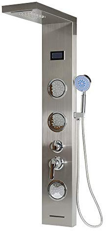 Colonne de Douche,Panneau de Douche Carré Multifonction Acier INOX 304 Mitigeur Douche Salle de Bain avec Écran LCD Affichage de La Température et Lumières LED,5 Modes D’Eau, 6.5 * 20 * 123.5cm
