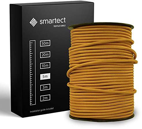smartect Cable Electrique Textile Or, Fil Electrique Tissu de 5 Mètres, 3 Conducteurs (3 x 0,75mm²) Cable Tissu Lampe pour Les Projets de Bricolage