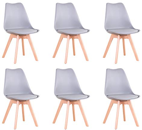 BenyLed Juego de 6 Sillas de Comedor con Asiento Tapizado y Patas de Madera de Haya, Ideal para Comedor, Cocina, Salón, Dormitorio, Gris