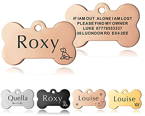 Personalised Dog Tags for Pets Engraved UK Cat Dog Name Tag Identify Tag for Pet Doggy Kitten Kitty Puppy Deep Engraved Scratch Resistant ID Tag Choice of Sizes & Colours & Shapes (CGold Bone)