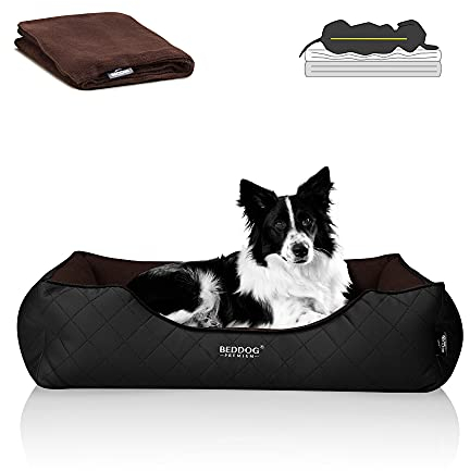 BedDog Premium Orthopädisches Hundebett WUFFI, Hundesofa aus Kunstleder, Abnehmbarer Bezug, Kuschel-Decke Zugabe - Mocca (braun/schwarz)