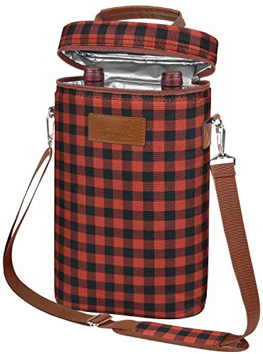 Tirrinia 2 Bottle Wine Gift Tote Carrier - Leakproof & Insulated Padded Versatile Cooler Bag for Travel, BYOB Restaurant, Tasting, Party, Dinner - Gift for Lovers, Red Checker