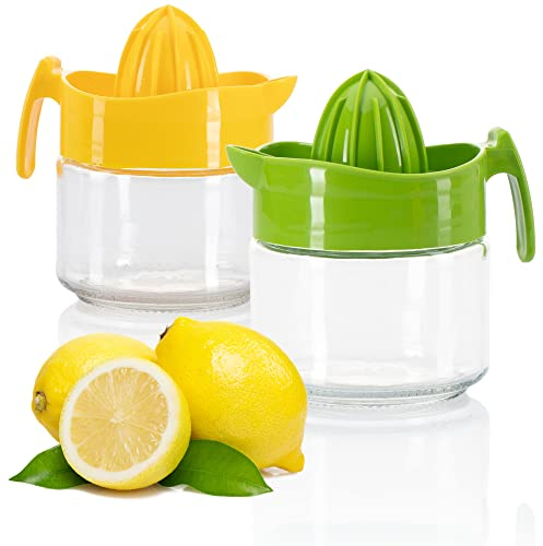 COM-FOUR® Exprimidor de limones 2x de vidrio con accesorio de plástico - exprimidor para limones, naranjas y limas - exprimidor manual - jarra (02 piezas - exprimidor de cítricos verde/amarillo)