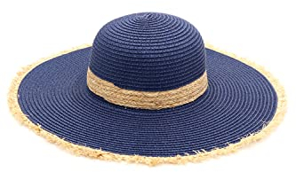 Sombrero de playa plegable con protección solar UV para mujer, sombrero de paja de ala ancha, sombrero reversible de tela, Sombrero flexible de paja con borde deshilachado - Azul marino, Talla única