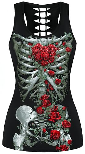 Ocean Plus Femme Crâne Sport Débardeurs Gothique Cache-cœur Gilet d'entraînement sans Manches Chemise Criss Cross Noir T-Shirt Halloween (M (Brustumfang: 86 cm), Squelette de Roses)