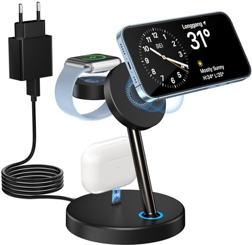Mag Safe ladegerät für i Phone,Sewowibo Induktive Ladestation für Apple Watch und i Phone,Wireless Charger für i Phone 15/14/13/12,Apple Watch Ultra/9/8/7/6/5/4/3/2/SE,AirPods AirPods3/2/pro Schwarz