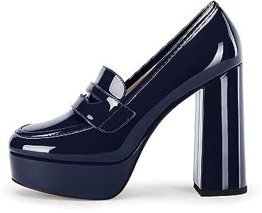 Coutgo Womens Platform Heels Loafers Chunky High Heel Closed Toe Patent Leather Shoes Penny Loafer Business Dress Work Pumps, Navy, Size 9.5