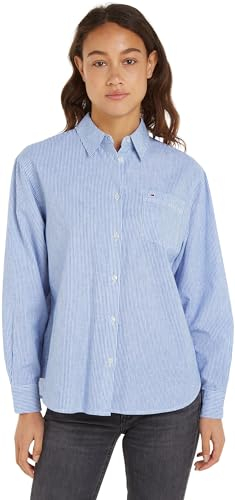 Tommy Jeans Damen Bluse Stripe Linen Shirt Hemdbluse, Blau (Empire Blue / Stripe), S