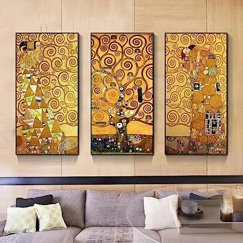 HOLEILUCK Arbre de Vie par Gustav Klimt HD Impressions sur Toile Affiche Abstraite Arbre Mur Art Photos pour Salon Décor À La Maison 30x50cm/12x20inx3pcs Sans Cadre