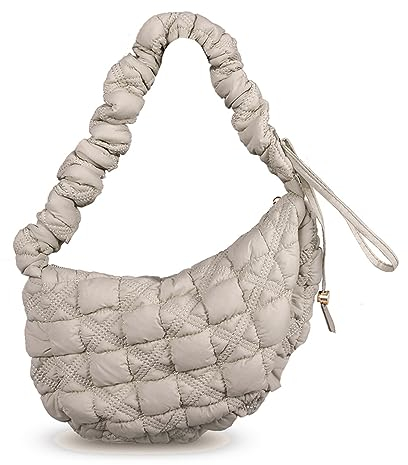 Puffer Bag Gesteppte Gepolsterte Tragetaschen für Frauen Puffy Hobo Geldbörse Leichte Daunen Baumwolle Crossbody Umhängetasche, Hellgrau