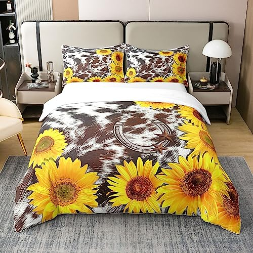 100% Bio Baumwolle Sonnenblume Kuh Druck Bettbezug 200x200,Braun Western Kuhfell Bettwäsche Set für Cowboy,Rustikale Texas Stern Bauernhaus Tröster Abdeckung,Farm Floral Bett Sets mit 2 Kissenbezüge
