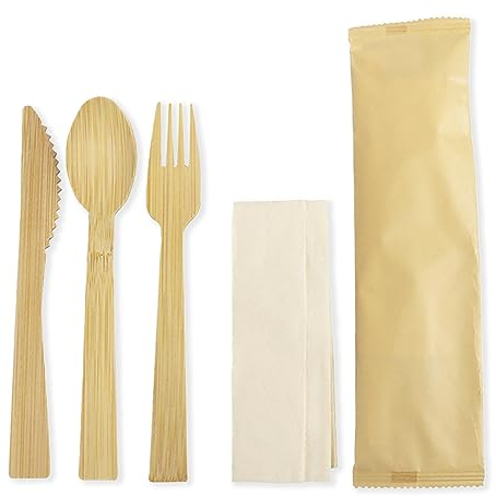 17cm Disposable Bamboo Cutlery Sets: Eco Friendly Biodegradable Compostable Kitchen Utensils Single Use Wooden Knives Forks & Spoons for Picnics, Festivals, BBQs, Camping (Knife/Fork/Spoon/Napkin x50)