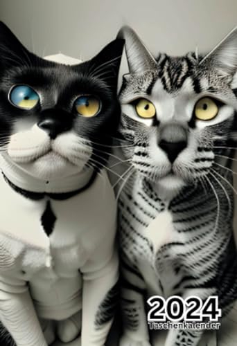 Taschenkalender 2024: lustig katzen; A6 Format, 1 Woche auf 2 Seiten, Klein und Übersichtlich, Vertikaler Wochenplaner für 12 Monate, 2 Seiten für ... Geschenkideen für Frauen, Männer und Kinder