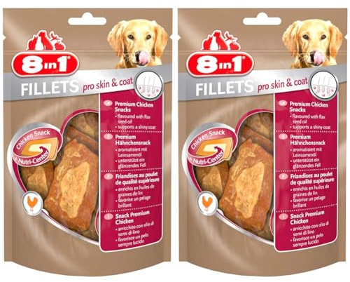 8in1 Fillets Pro Skin & Coat Hunde-Snack mit Hähnchen, funktionale Leckerlis für Hunde, aromatisiert mit Leinsamenöl, 80 g Beutel (Packung mit 2)