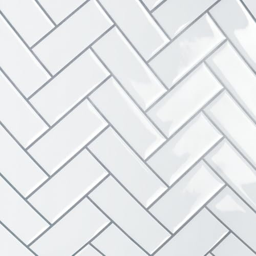 VaryPaper Herringbone White Brick Self Adhesive Wall Tile Sticker 30.5cmx30.5cm 10 Pieces 3D Bathroom Wall Stickers Peel and Stick Tiles Kitchen Stick on Tiles Waterproof Backsplash for Kitchen