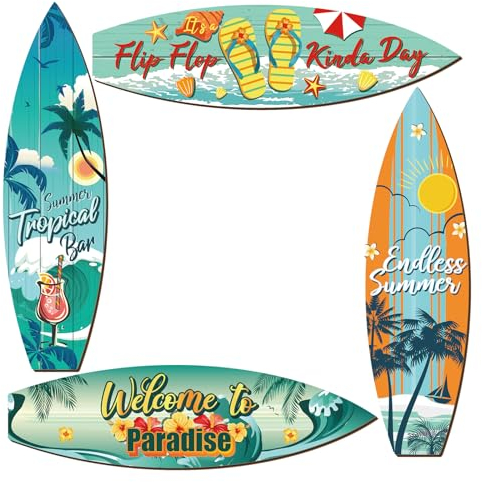 Tatuo Surfbrett-Wandschild aus Holz, Stranddekoration, Sommerthema, Flip-Flop, tropische Bar, Wanddekoration, Türschild für Zuhause, Zimmer, Party-Dekoration, 40 x 11 x 0,5 cm, 4 Stück