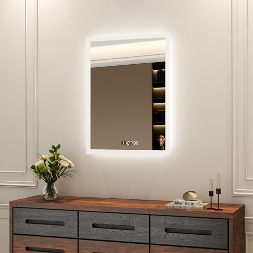 Boromal Badspiegel mit Beleuchtung und Uhr 50x70cm LED Spiegel mit Uhr Badezimmerspiegel Kosmetikspiegel Schminkspiegel Wandspiegel mit Touchschalter, 3 Lichtfarben Dimmbar, Uhr